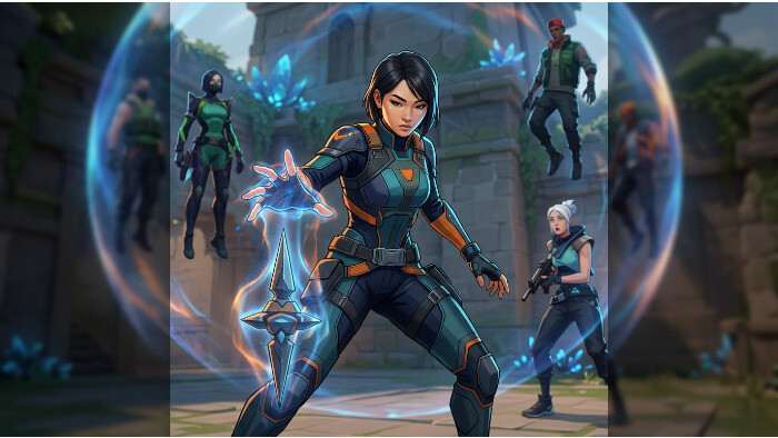 Valorant featured thumbnail met leak over gameplay van mogelijke nieuwe Agent Hush in een futuristische HUD-stijl