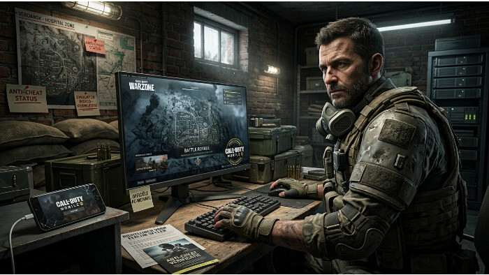 Warzone uitgelichte thumbnail over COD Mobile op pc zonder ban, met focus op een officiele methode